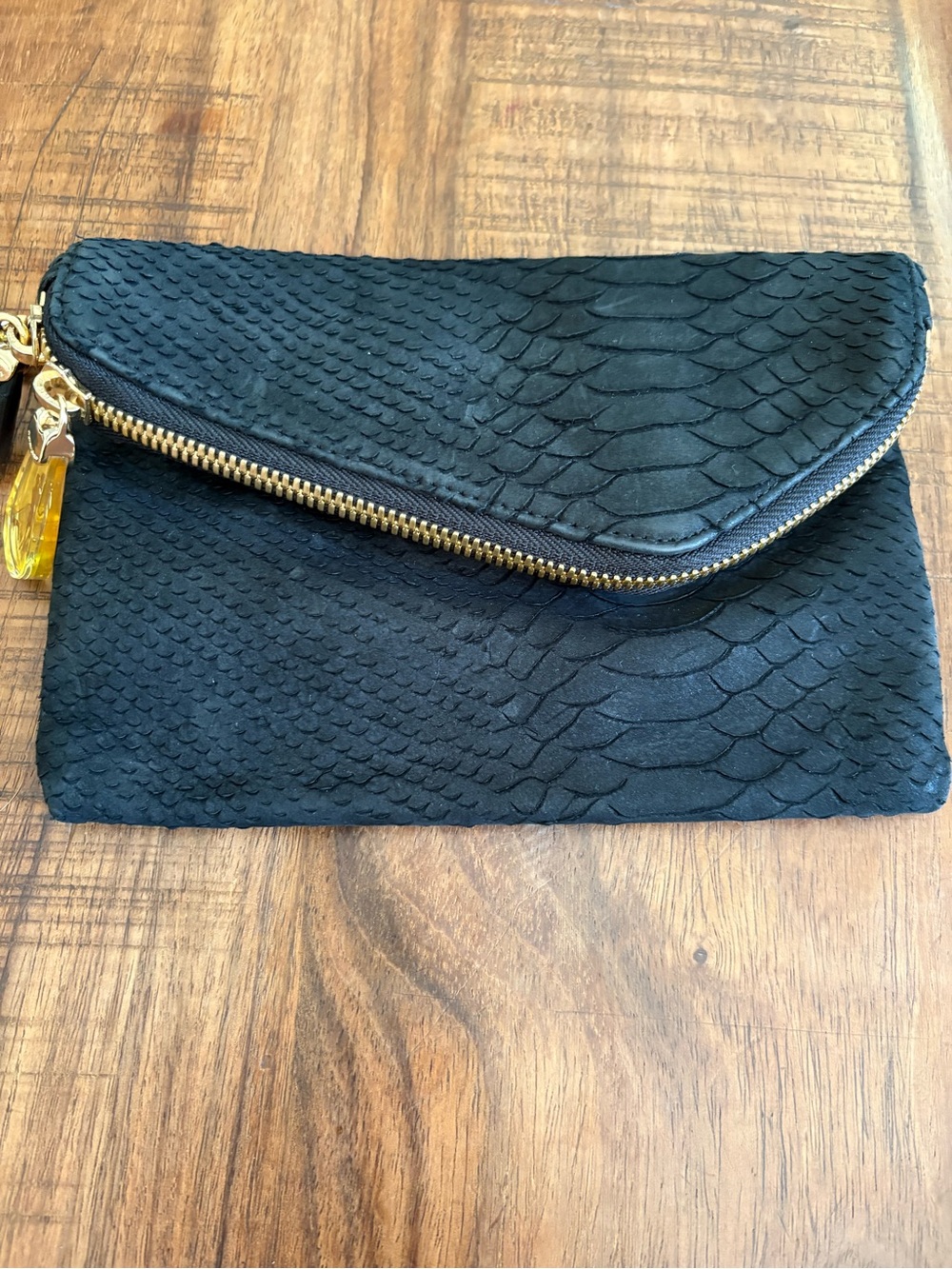Henri Bendel Black Snake Textured Fold-Over Clutch with Gold Zipper